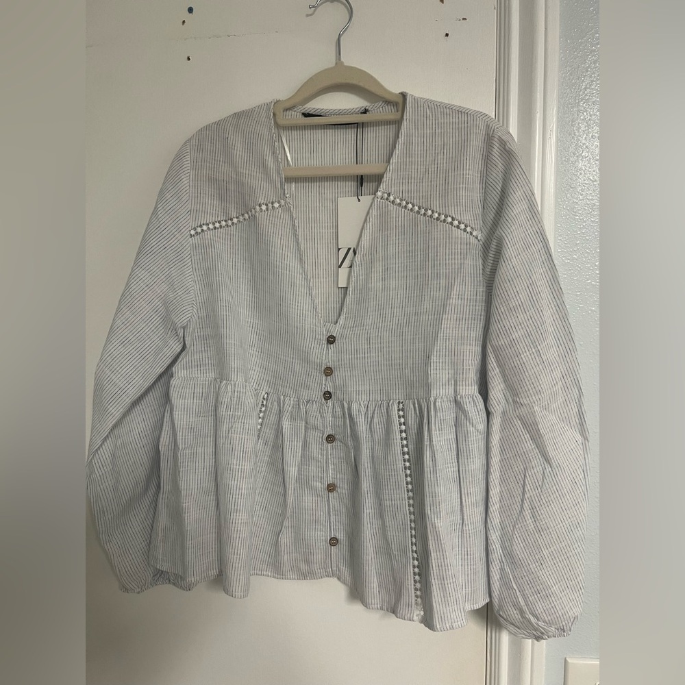Zara Blue and White Striped Peplum Blouse